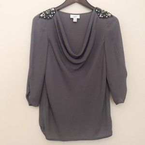 LOFT Grey Embellished Drape Neck 3/4 Sleeve Top